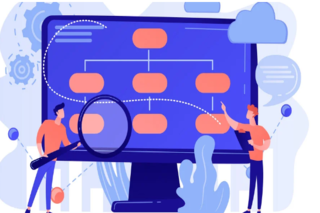 两名男子的剪贴画，一名拿着放大镜，另一名拿着笔记本，在电脑上分析流程图。