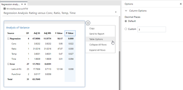 The table options context menu in the Minitab Statistical Software web app