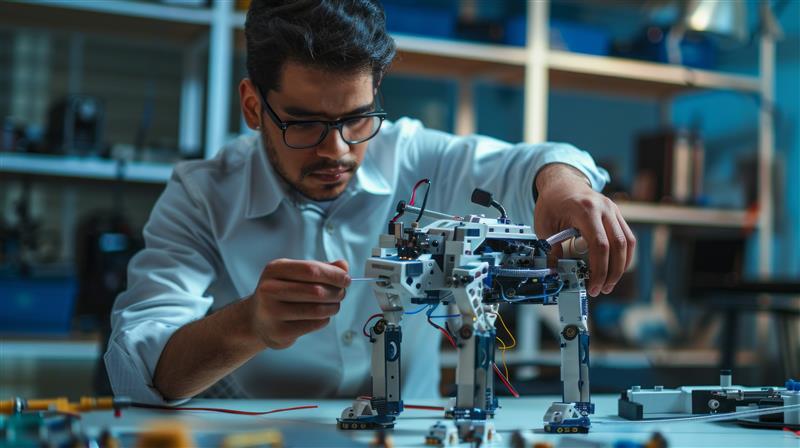 ツールと機器でいっぱいのラボ環境で、作業台に四足歩行ロボットのプロトタイプを慎重に組み立て、配線とコンポーネントを調整する機械エンジニア。