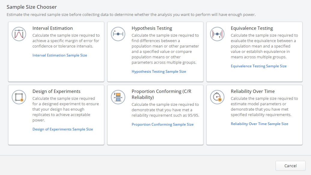 Minitab 的样本数量选择器控制台具有各种测试，可在数据收集之前估计所需的样本数量。
